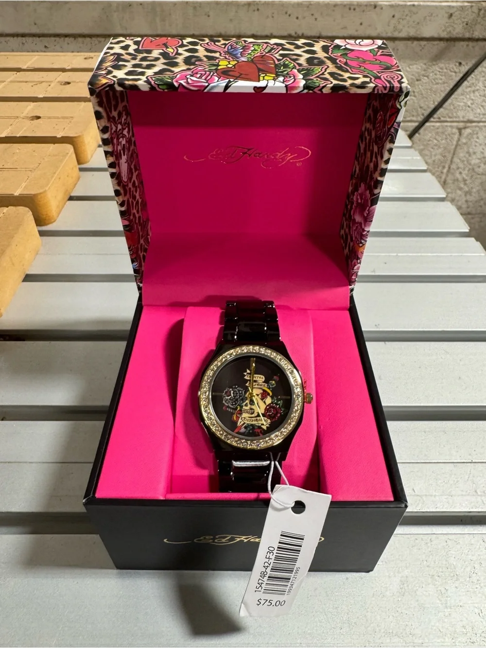Ed Hardy Women’s Black Steel Quartz Skull Dial Watch
